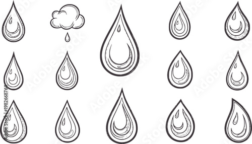 Hand drawn water drops and rain cloud in style liquid