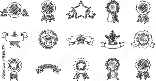 Tableau sur toile Hand drawn sketchy ribbons and star badges collection doodle emblem
