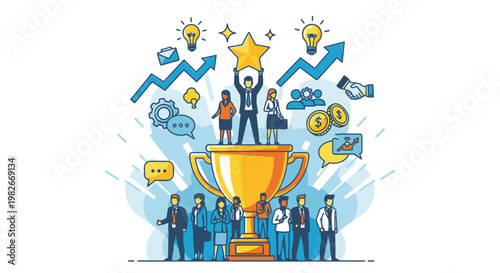 Group of people winning a trophy.