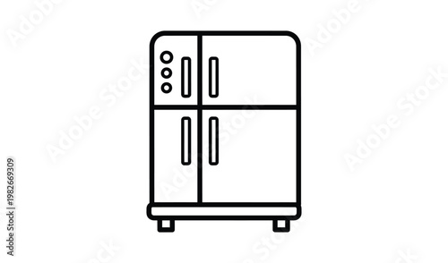 Modern French door refrigerator with bottom freezer, featuring water and ice dispenser, illustrated in a minimalist line drawing style.