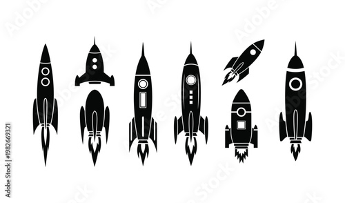 Collection of seven retro-futuristic black and white rockets in various styles, showcasing unique designs and intricate details, perfect for vintage sci-fi themes.