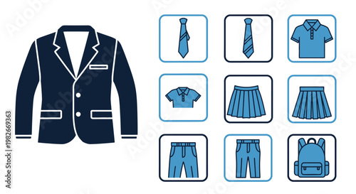 School Uniform Icons: Blazer, Ties, Polo Shirts, Skirts, Trousers, Backpack