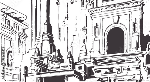 Stylized monochrome architectural of ornate buildings and archways architecture
