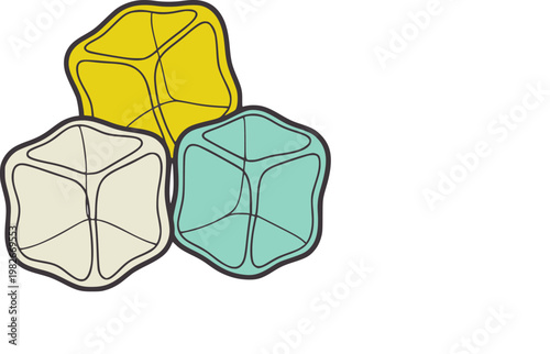 Three abstract ice cubes yellow beige and blue with dark outlines