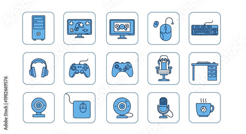Gaming Setup Icons: Computer, Keyboard, Mouse, Headset, Controller, Chair