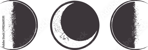 Three dark gray crescent moon phases with textured edges white