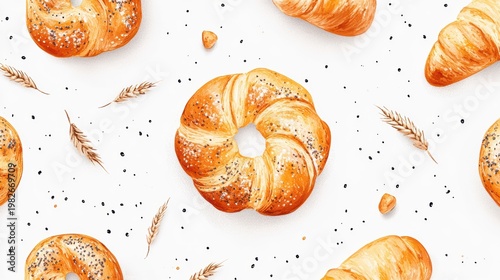 Bakery shop stall with bakery products, buying cake at a bakery store,baguette,cinnamon roll,bagel,croissant,home made fresh bread,Breakfast and cafe concept.