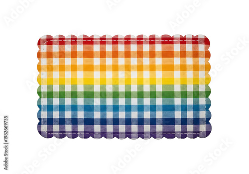 Rainbow Gingham Checked Pattern. Scalloped Edge Fabric. Pride Flag Colors. Decorative Background.