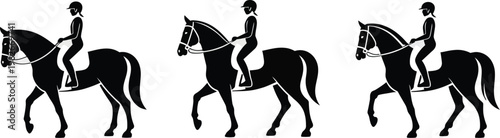Horseback riding icon set, silhouette pictograms of riders on horses representing equestrian sport, competition, and outdoor riding activities in clean glyph style.