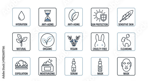Skincare Icons: Hydration, Anti-aging, Sun Protection, Natural, Vegan, Cruelty-Free