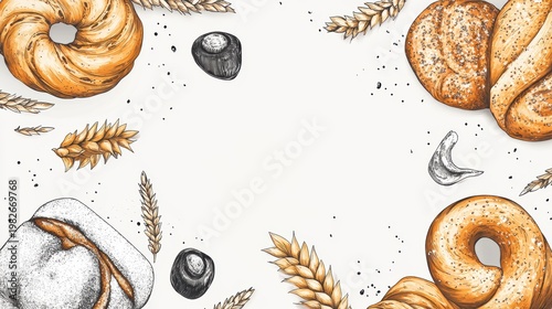 Bakery shop stall with bakery products, buying cake at a bakery store,baguette,cinnamon roll,bagel,croissant,home made fresh bread,Breakfast and cafe concept.