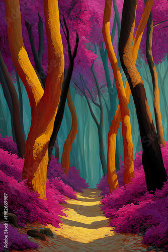 Winding Forest Path with Purple Leaves and Golden Trunks in Magical Light – Surreal Fantasy