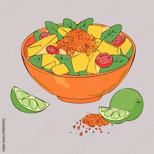 Healthy fruit salad bowl with lime wedges and chili powder seasoning for spicy and sour tropical snack - Vector Illustration