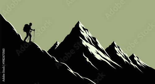 Minimalist mountain hiker silhouette vector, lone climber ascending snowy peaks, outdoor adventure and mountaineering landscape illustration