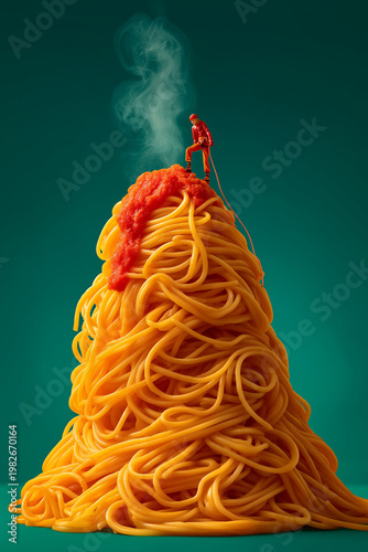 Miniature Mountain Climber Ascending Giant Spaghetti Pasta Peak with Sauce Waterfall – Surreal Food Concept