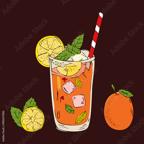 Refreshing iced tea with lemon slices and mint leaves in tall glass for hot summer day relaxation - Vector Illustration