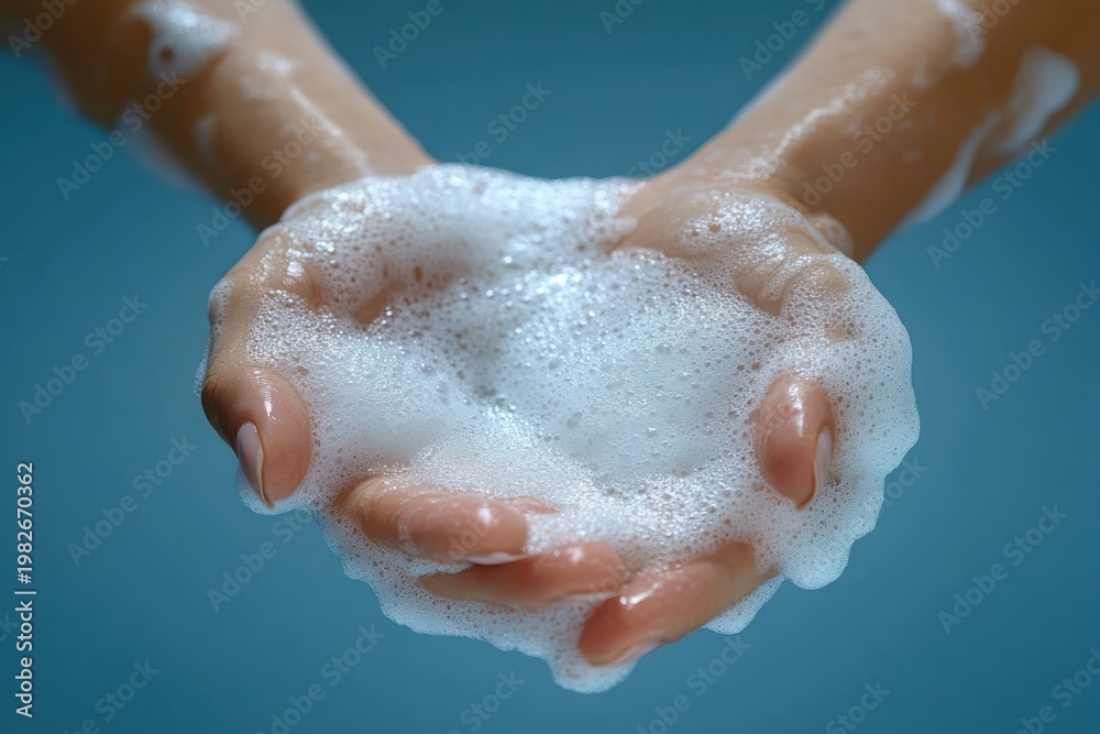 Naklejka premium Cupped hands holding white soap foam and bubbles over a soft blue background, conveying cleanliness and care