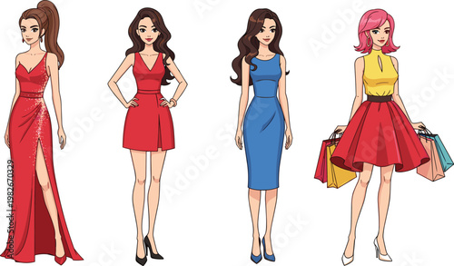 Fashionable women in stylish dresses vector illustration featuring modern female characters in trendy outfits isolated collection design
