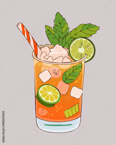 Tropical iced mojito cocktail with lime and mint in tall glass for refreshing summer party drink - Vector Illustration