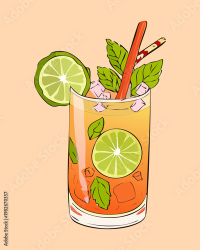Cold lime mojito drink with straw and mint leaves in tall glass for tropical vacation relaxation - Vector Illustration