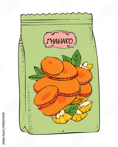Packaged dried mango slices in bag for healthy snack and organic fruit preservation for travel food - Vector Illustration