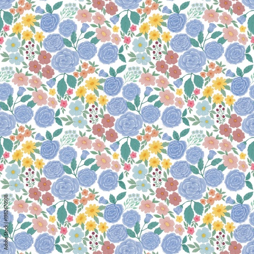 Seamless Watercolor Floral Pattern with Pastel Roses and Wildflowers on White Background