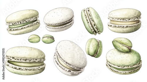 Pistachio Macarons isolated on white background,events,aniversary festival gift set,french macaron cookies,menu banner for pastry shop.
