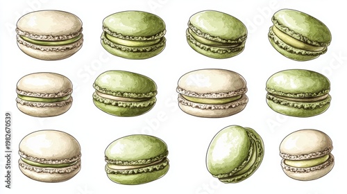 Pistachio Macarons isolated on white background,events,aniversary festival gift set,french macaron cookies,menu banner for pastry shop.