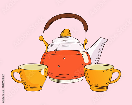 Classic orange teapot with small tea cups for warm herbal drink and cozy afternoon break - Vector Illustration