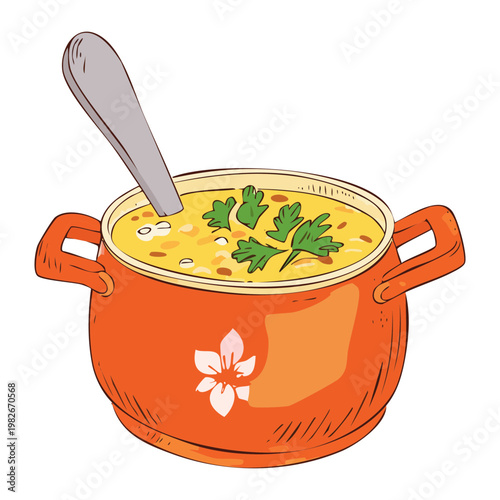 Large pot of delicious vegetable soup with ladle for healthy family dinner and warm meal - Vector Illustration