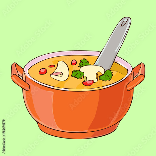 Hot pot of homemade stew with vegetables and ladle for nutritious dinner and healthy lifestyle - Vector Illustration