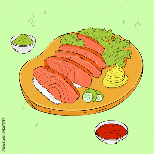 Plate of fresh salmon sashimi and sushi for traditional japanese dinner and healthy seafood appetizers - Vector Illustration