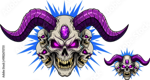 Demonic skull vector illustration with purple horns, evil horned devil skull with glowing eyes, aggressive monster head for gaming mascot and apparel design