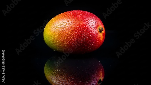 Fresh Mango with Water Droplets on Black Background, Studio Shot, Minimalist Composition