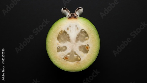 Feijoa fruit cross section on black background, healthy food concept