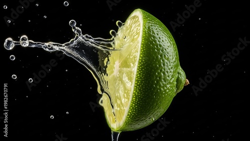 Fresh Lime Half Splashing Water Black Background Dynamic Action