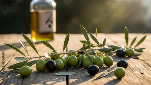 Fresh Olives and Olive Oil Bottle on Wooden Table, Healthy Mediterranean Ingredient
