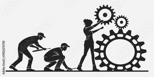 Industrial teamwork concept silhouette showing workers assembling large mechanical gears and cogs representing cooperation collaboration and engine maintenance in a factory setting with teamwork