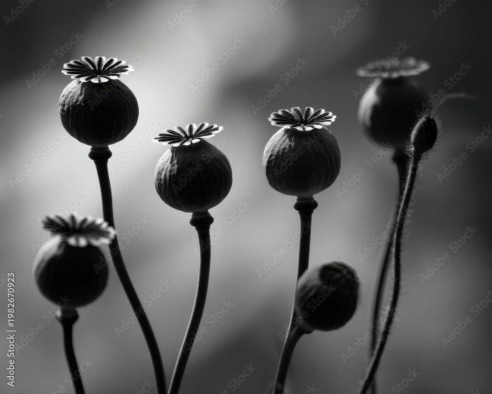 Obraz premium Black and White Macro of Poppy Seed Pods with Intricate Tops and Soft Bokeh Background opium poppy papaver somniferum