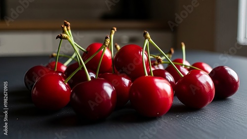 Fresh Cherries Close-up on Dark Surface with Stems and Leaves, Food Photography