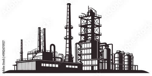 Silhouette of an industrial factory plant refinery complex with multiple tall smoke stacks chimneys and metal towers for chemical processing and power generation isolated on white background