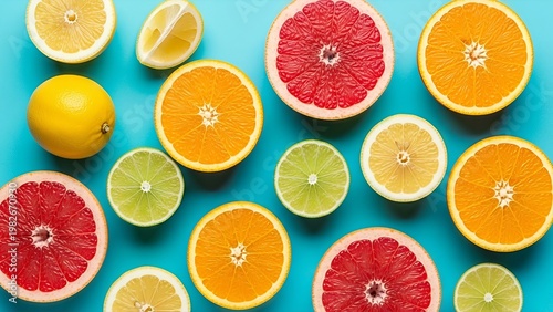 Fresh Citrus Fruits Halved and Whole Scattered on Blue Background, Top View, Healthy Eating