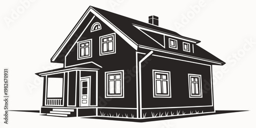 Dark silhouette graphic of a traditional suburban family home building with a covered front porch and classic architectural details of a residential property exterior for real estate, building