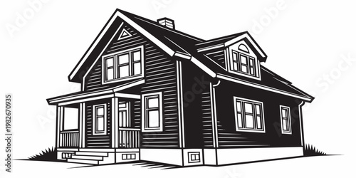 Black and white vector illustration of a two story suburban residential house featuring a front porch wooden siding and an attic dormer window on a gabled roof exterior facade design, building