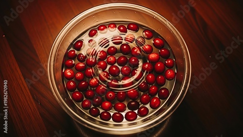 Fresh Cranberries Floating in Water in Glass Bowl, Top View with Copy Space