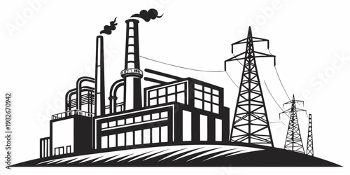 Industrial power plant illustration featuring electricity transmission towers and smokestacks in a black and white woodcut graphic design industry industrial electricity transmission