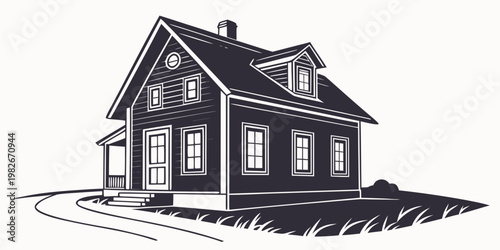 Detailed line art drawing of a country cottage house featuring a porch and with a winding driveway path leading through a lawn area isolated on a white background illustration, building