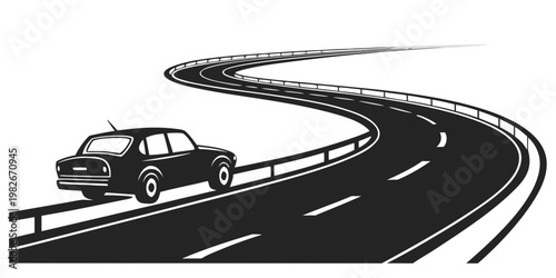 Silhouette illustration of a car driving on a winding highway road with silhouette transportation automobile illustration isolated background infrastructure pavement expressway mobility