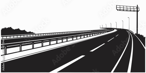 Graphic silhouette of a long highway ramp with overhead signs silhouette infrastructure transportation overpass expressway motorway architecture illustration isolated background