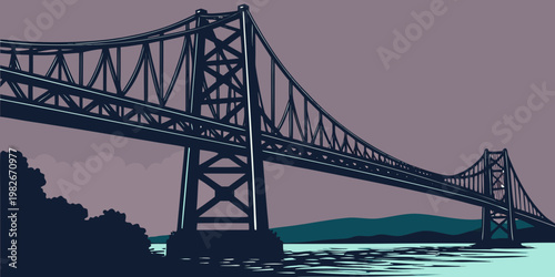 Large suspension bridge spanning across river with distant hills in background suspension architecture structure engineering infrastructure transportation landscape riverbank landmark